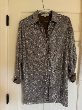 Anthropologie Flat White Silver Sequin Shirt Dress